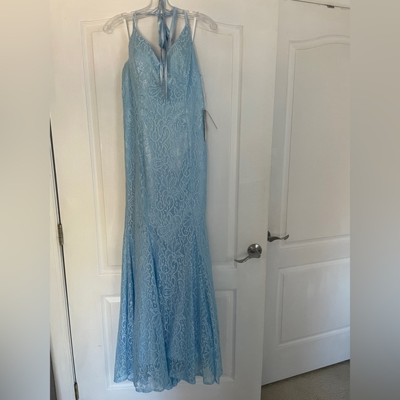 Open back lane evening prom dress mermaid style spaghetti straps baby blue - Picture 5 of 6